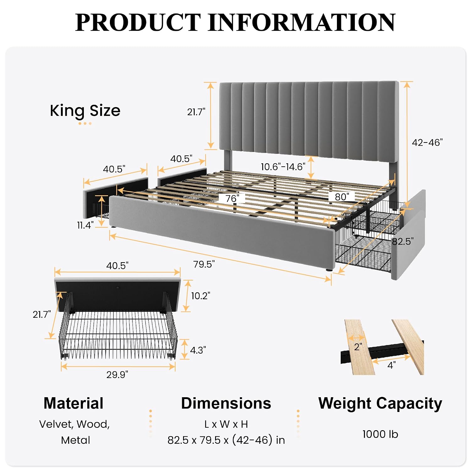 Rama łóżka platformowego w roz – King Size Bed Frame With Storage Drawers recenzja i cena