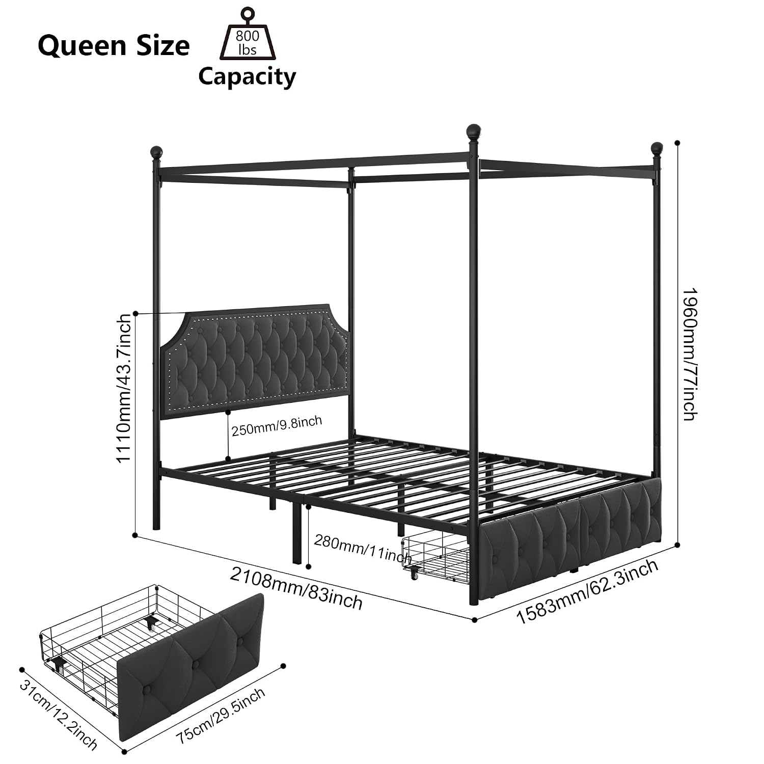Rama łóżka z baldachimem, szuf – Canopy Bed Frame Metal Queen recenzja i cena